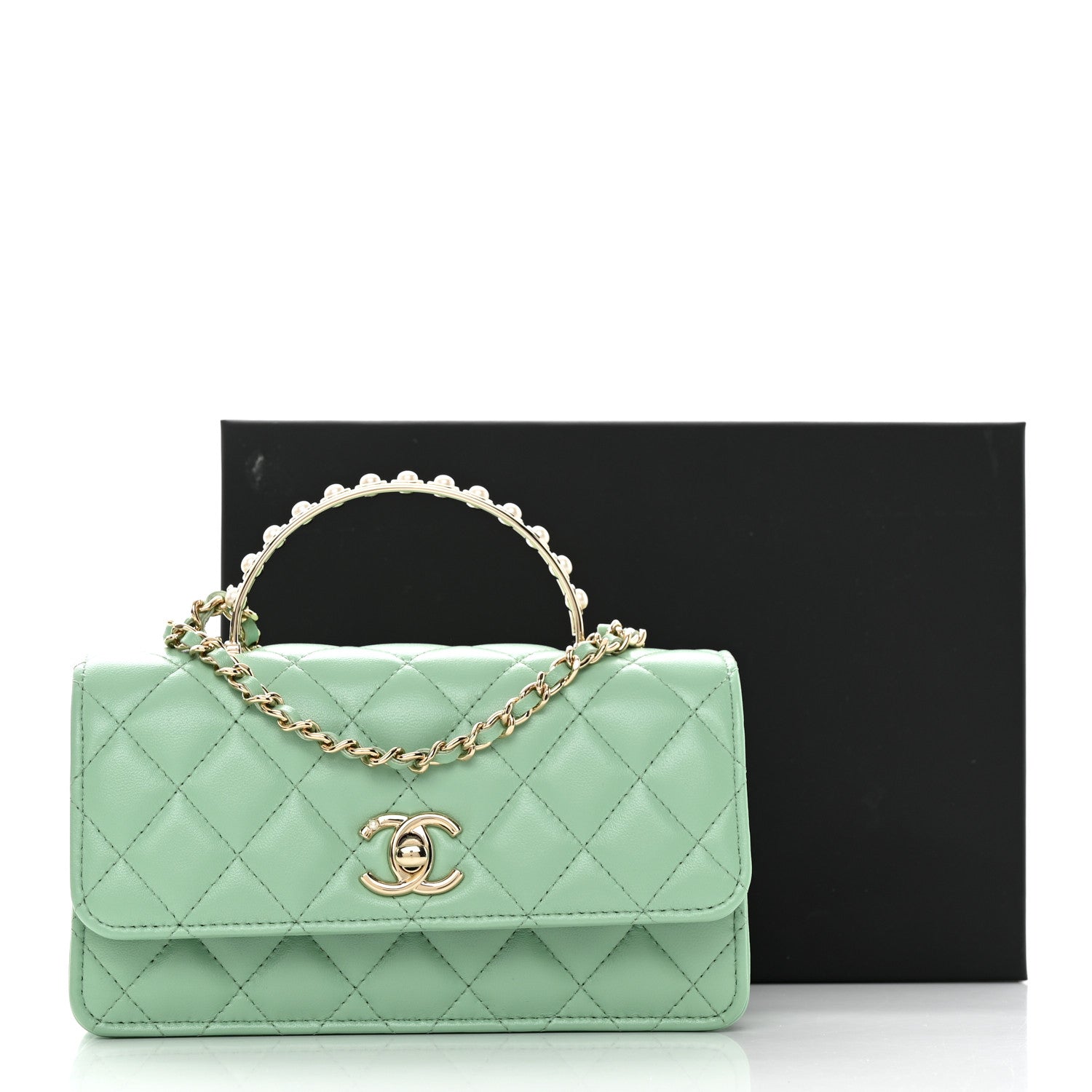Chanel Lambskin Quilted Pearl Top Handle Clutch With Chain Light Green 12 of 12
