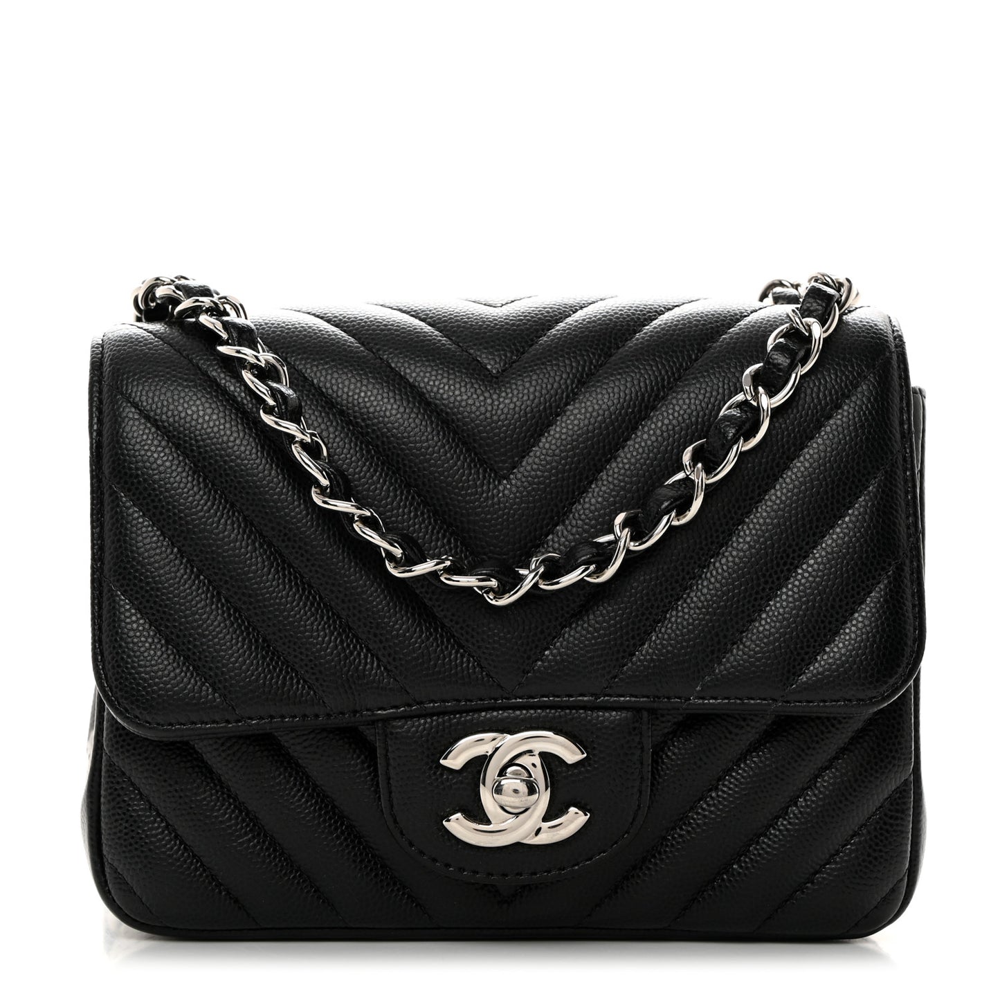 Caviar Chevron Quilted Mini Square Flap Black