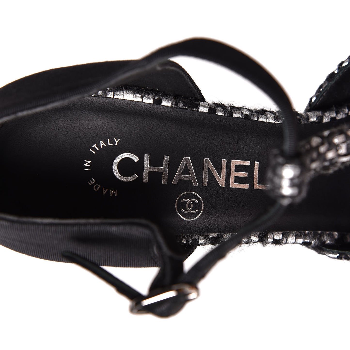 Tweed Grosgrain Chain T-Strap Pumps 38.5 Black Silver