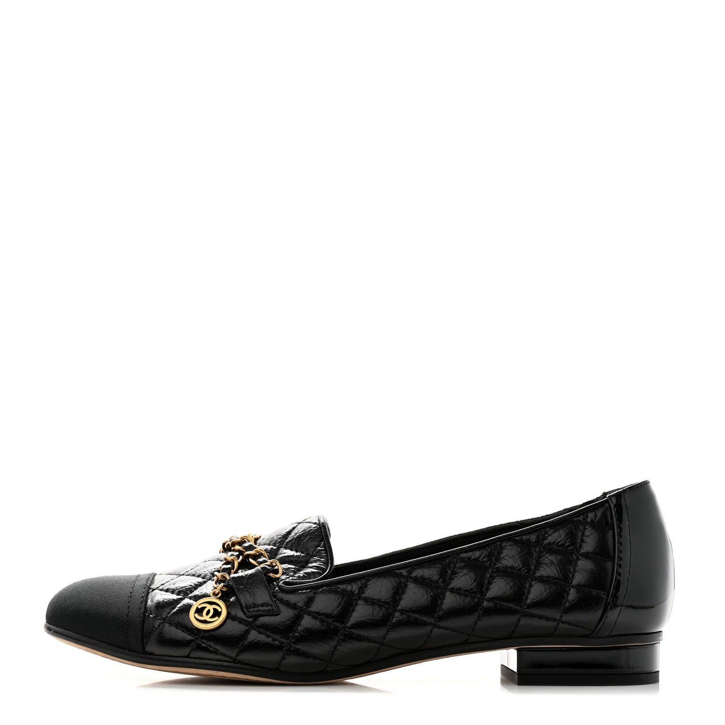 Grosgrain Glazed Lambskin Quilted Chain Loafers 37 Black