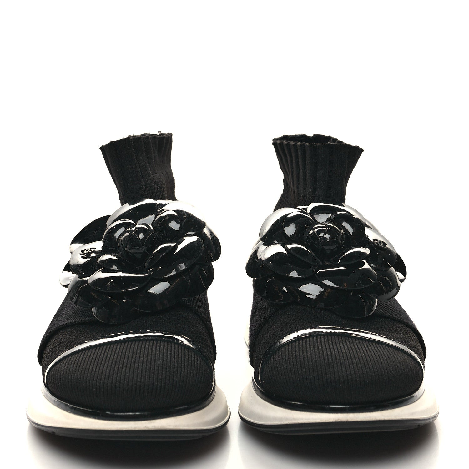 Chanel Knit Patent Calfskin Womens High Top Camellia Sneakers 36 Black 2 of 8