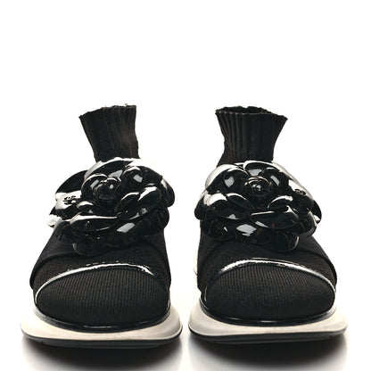Chanel Knit Patent Calfskin Womens High Top Camellia Sneakers 36 Black 2 of 8
