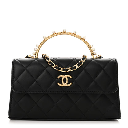 Chanel Lambskin Pearl Crystal Quilted Pearly Girl Handle Flap Phone Holder With Chain Black 1 of 11