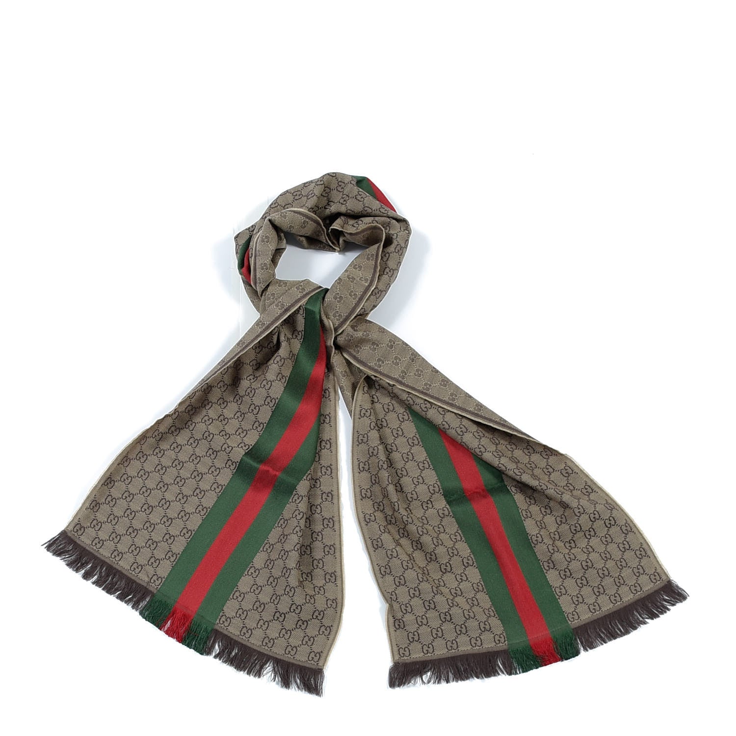 Gucci Wool Silk GG Monogram Web Verbier Fringe Scarf Light Brown Dark Green 1 of 5