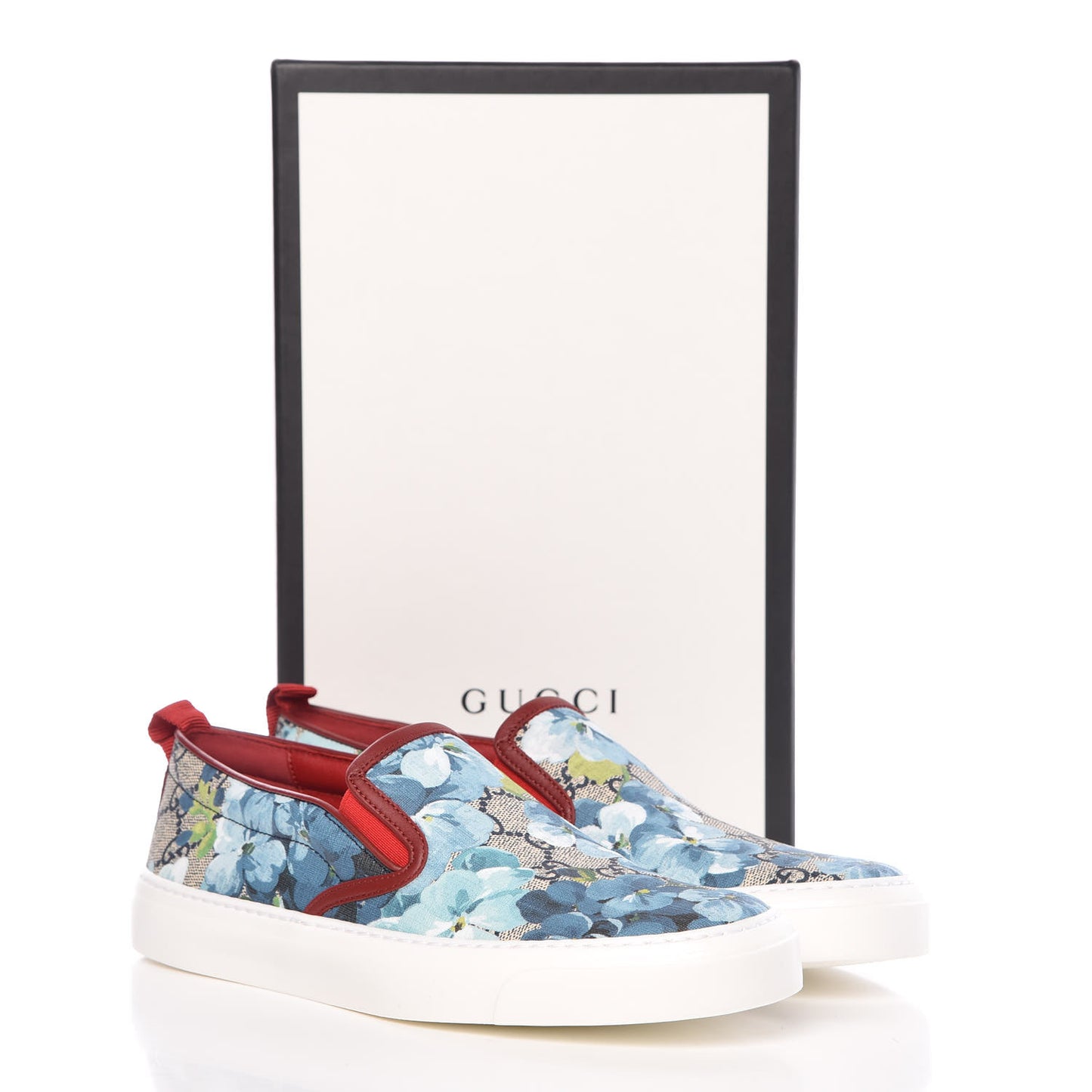 GG Supreme Monogram Blooms Womens Slip On Sneakers 39 Beige Blue Navy Red