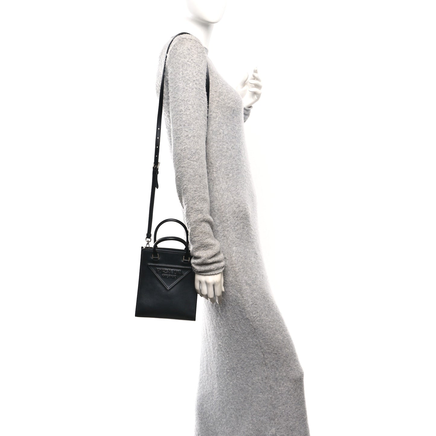Soft Calfskin Triangle Logo Embossed Small Double Handle Crossbody Tote Black