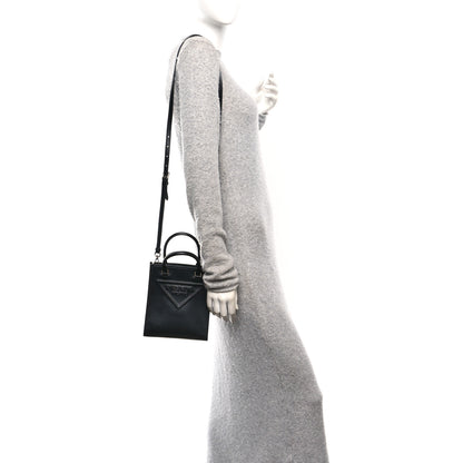 Prada Soft Calfskin Triangle Logo Embossed Small Double Handle Crossbody Tote Black 2 of 9