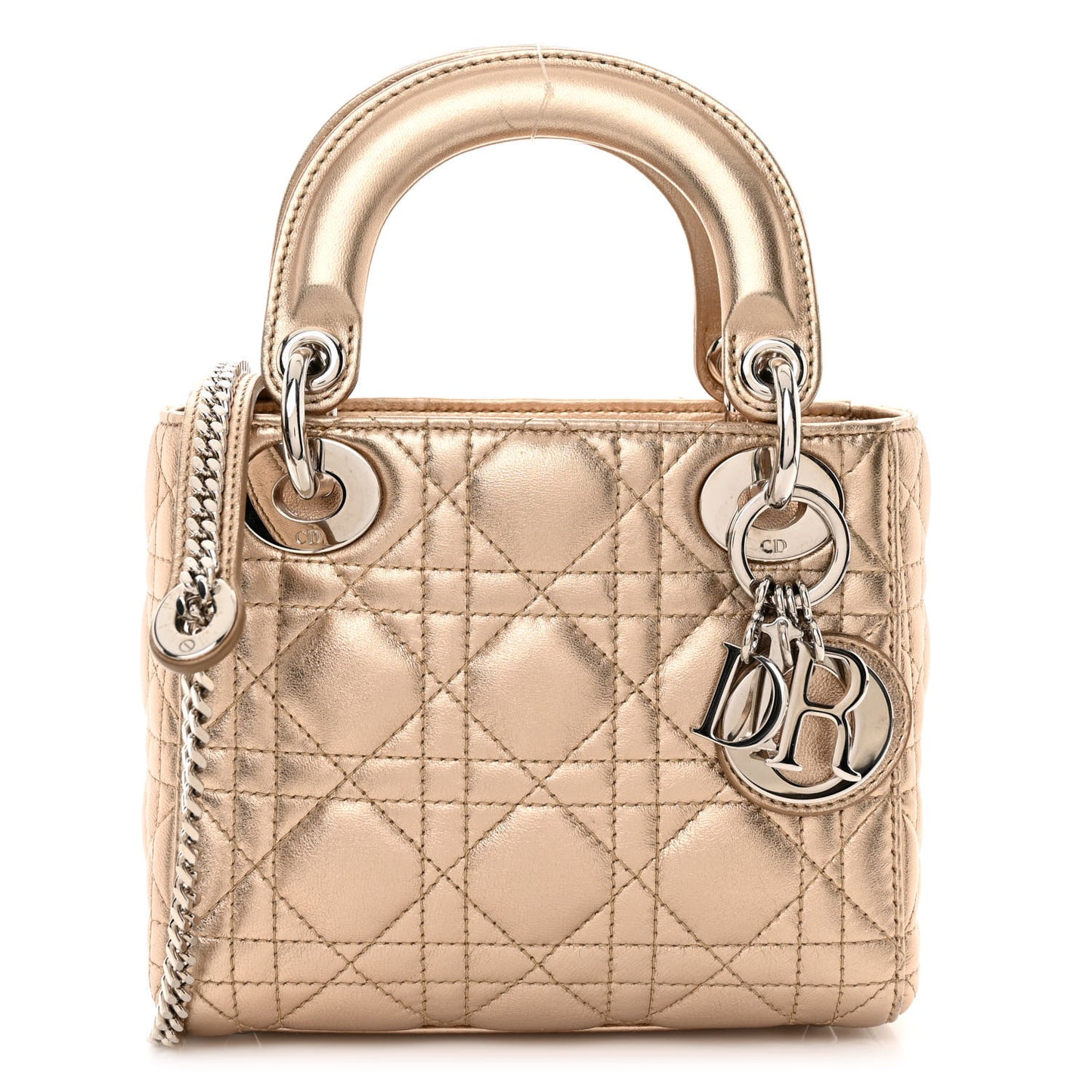Metallic Lambskin Cannage Mini Lady Dior Gold