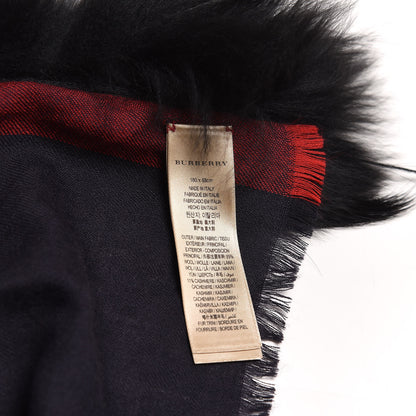 Burberry Cashmere Wool Raccoon Fur Check Print Lightweight Scarf Navy 4 of 4