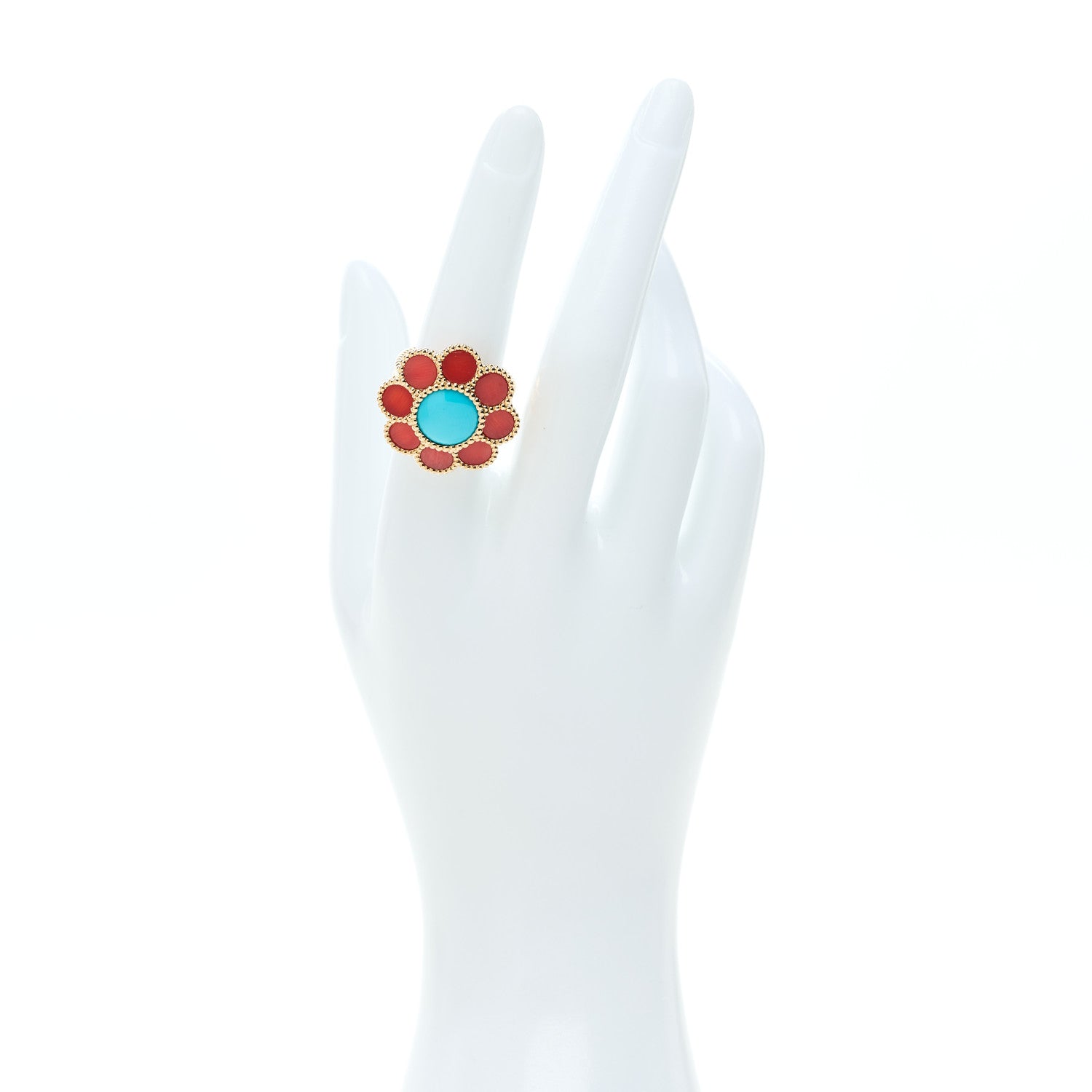 Van Cleef & Arpels 18K Yellow Gold Coral Turquoise Paquerette Ring 54 7 2 of 6