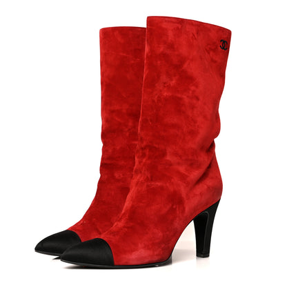 Chanel Suede Calfskin Satin Gabrielle Cap Toe Short Boots 39 Red Black 3 of 8