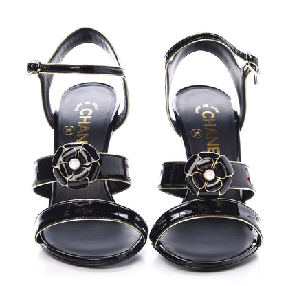 Chanel Patent Goatskin Camellia CC Sandals 36 Black Gold 3 of 9