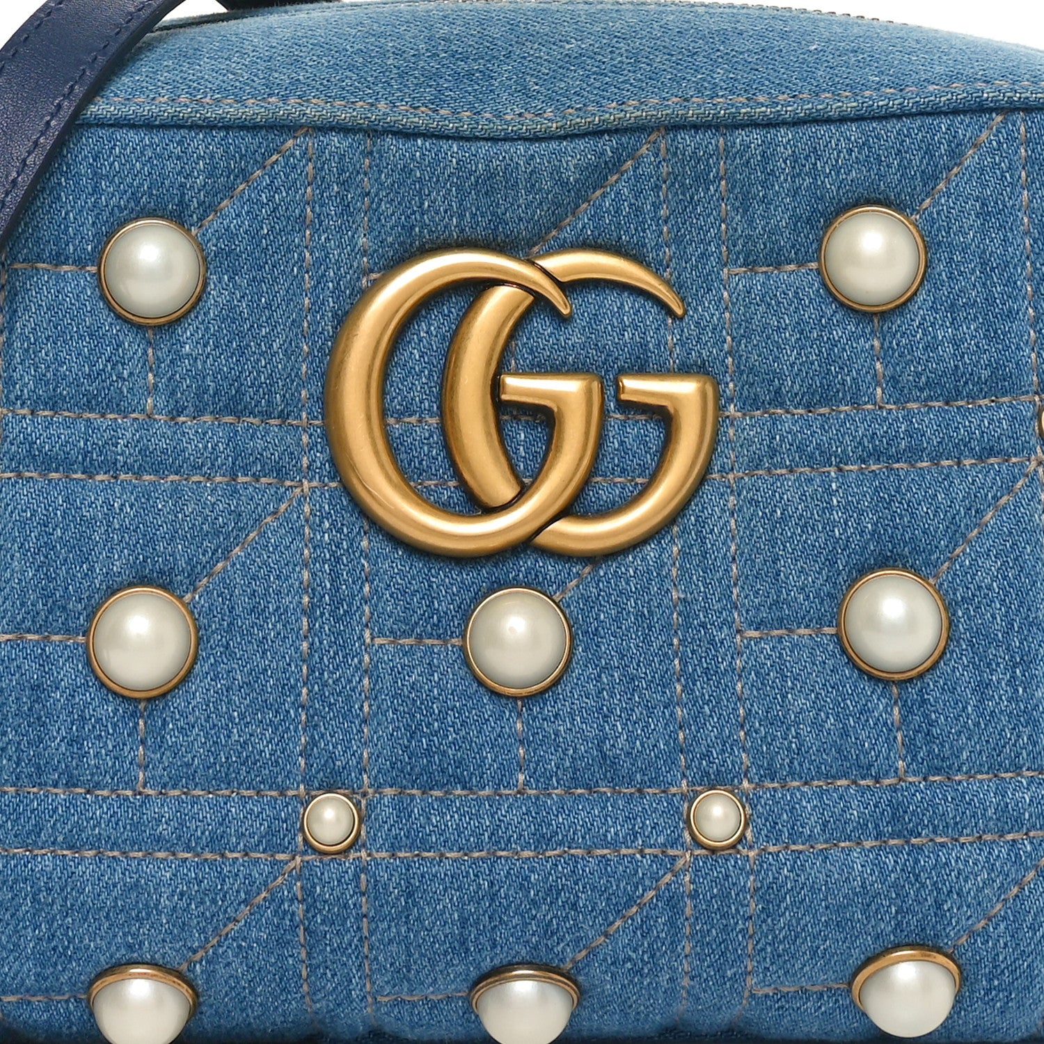 Gucci Denim Matelasse Pearl Studded Small GG Marmont Chain Shoulder Bag Blue 8 of 10
