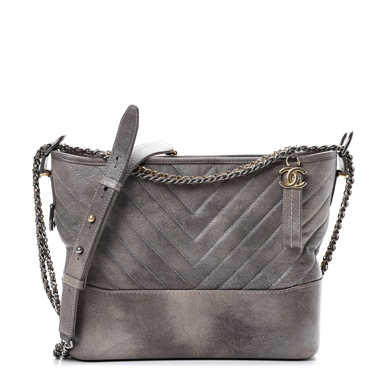 Chanel Metallic Caviar Chevron Quilted Medium Gabrielle Hobo Dark Silver Gold 1 of 10