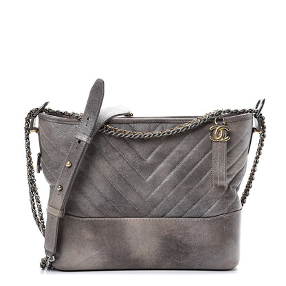 Chanel Metallic Caviar Chevron Quilted Medium Gabrielle Hobo Dark Silver Gold 1 of 10