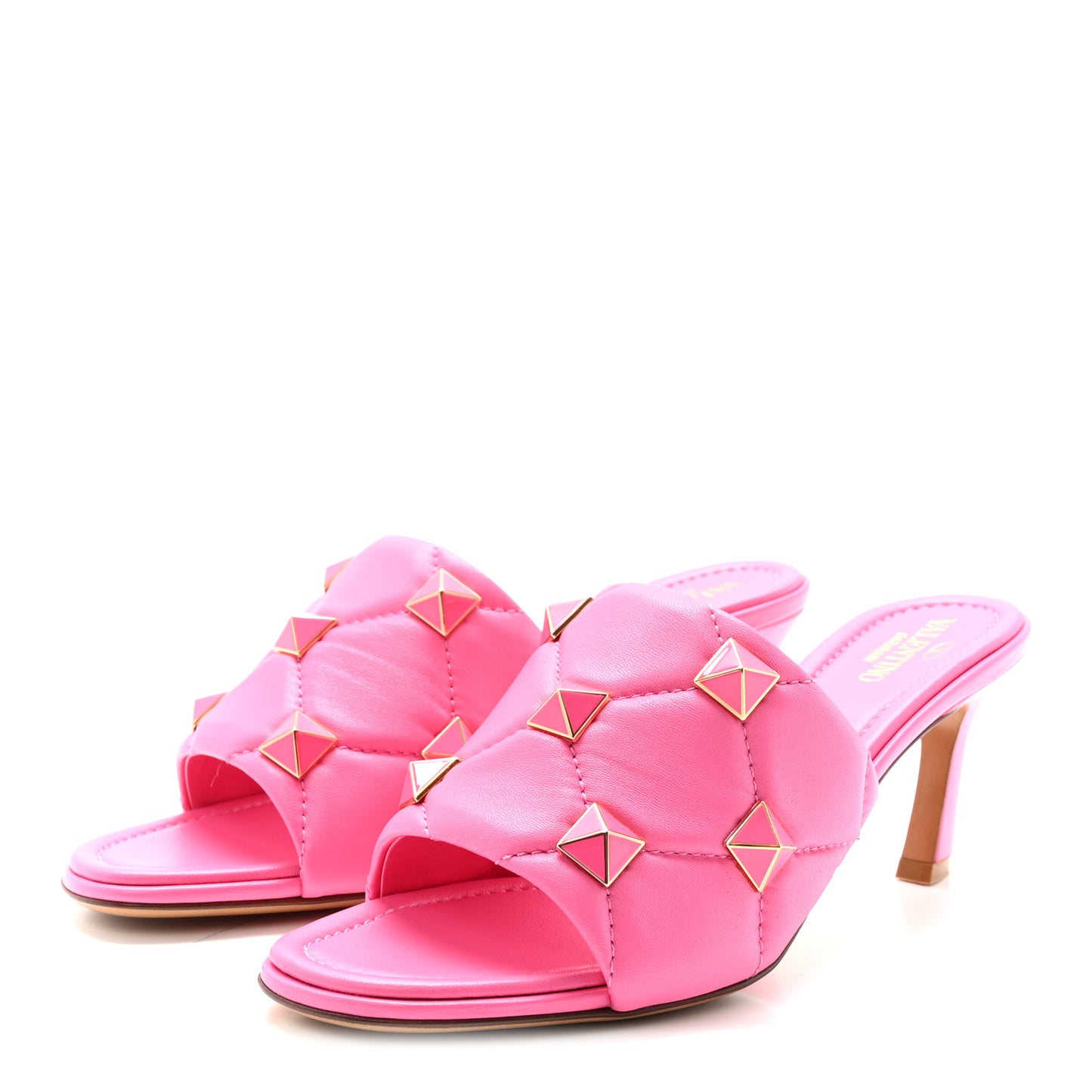 Nappa Enamel Quilted Monochrome Roman Stud 65mm Slide Sandals 39.5 Pink