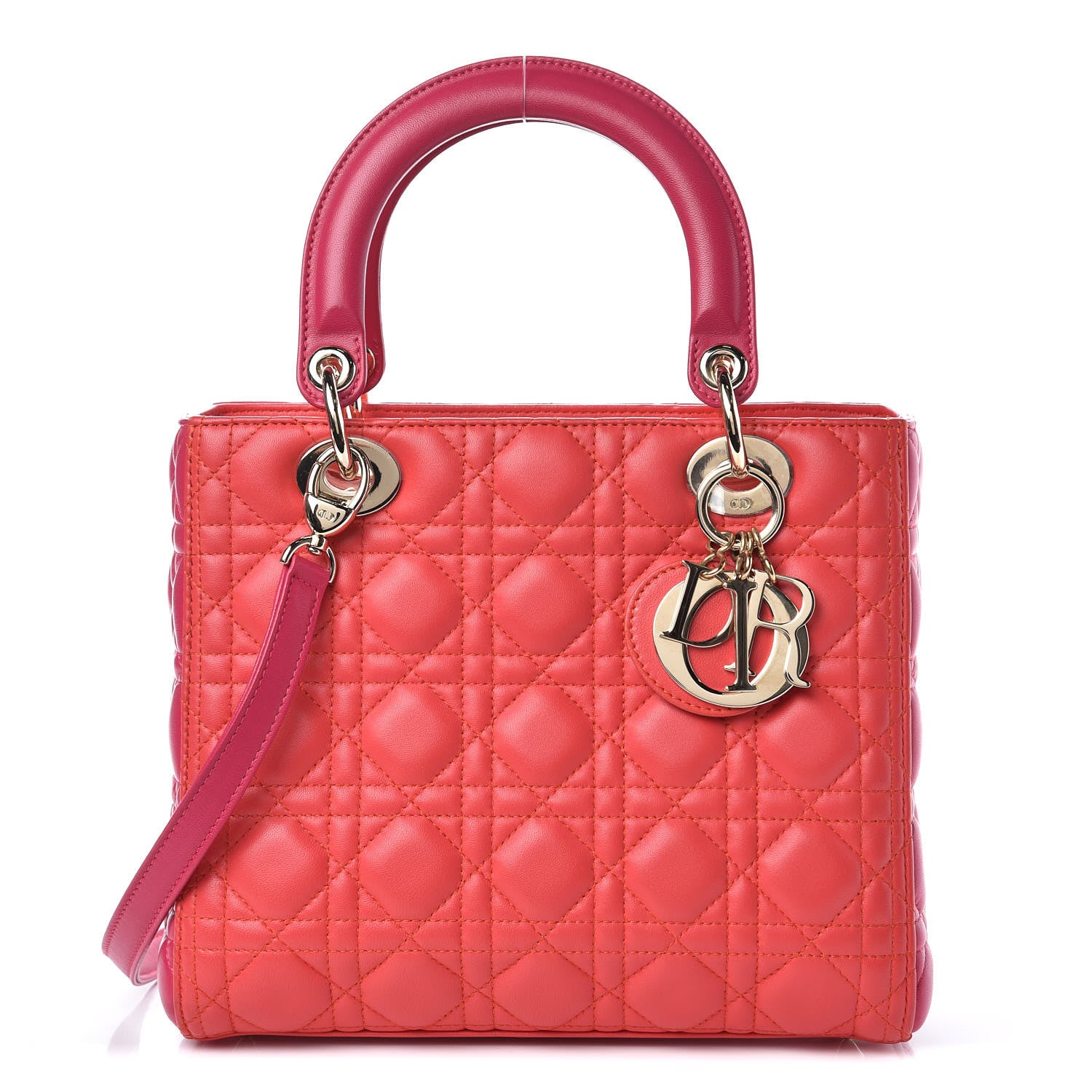 Christian Dior Lambskin Cannage Medium Bi-Color Lady Dior Orange Fuchsia 1 of 10