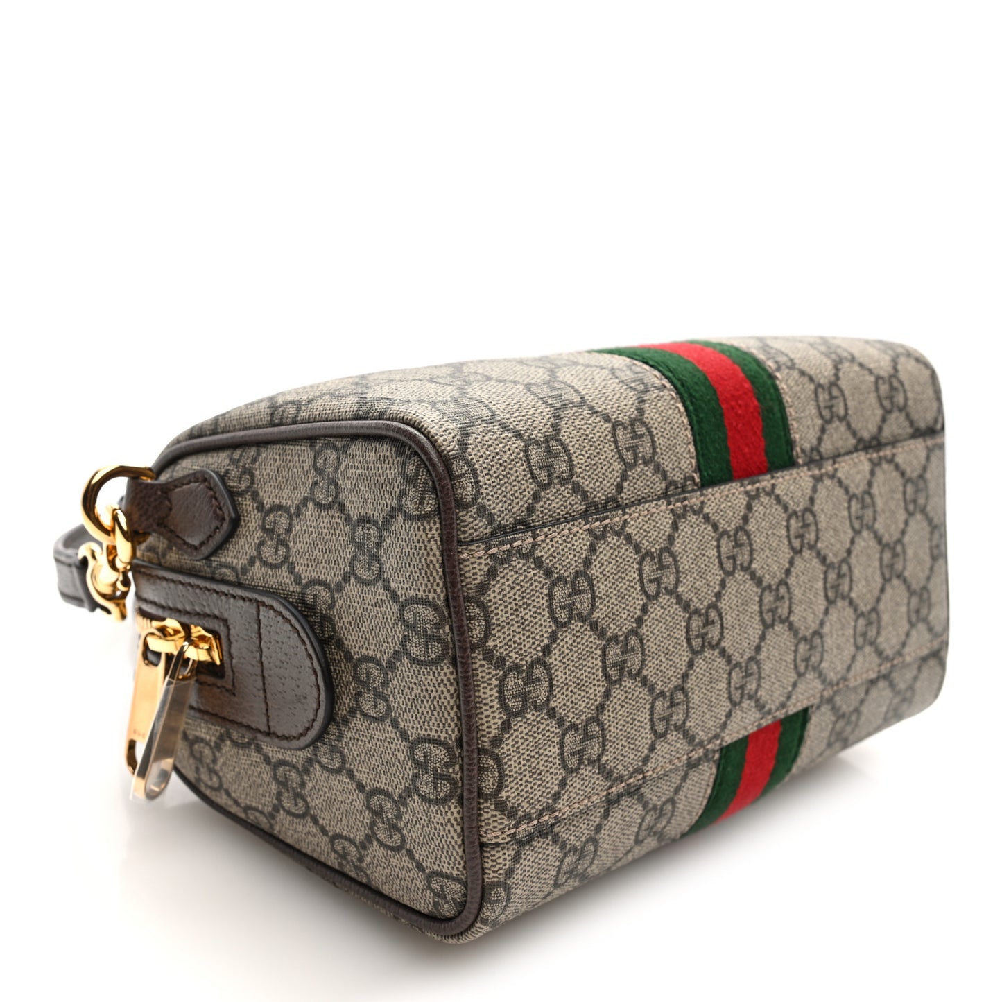 GG Supreme Monogram Textured Dollar Calfskin Web  Ophidia Top Handle Bag Beige Dark Brown