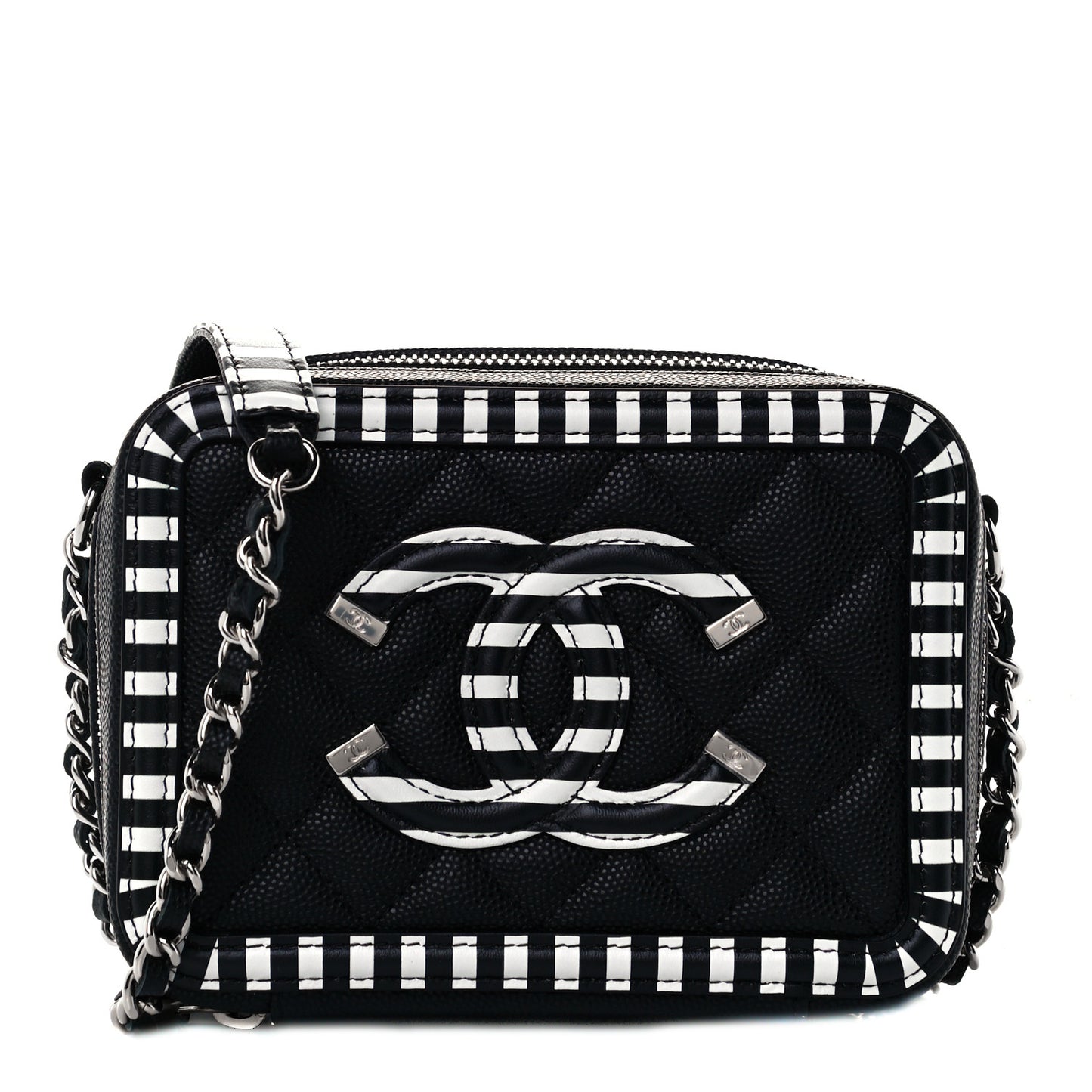 Caviar Quilted Striped Filigree Vanity Clutch With Chain Black White