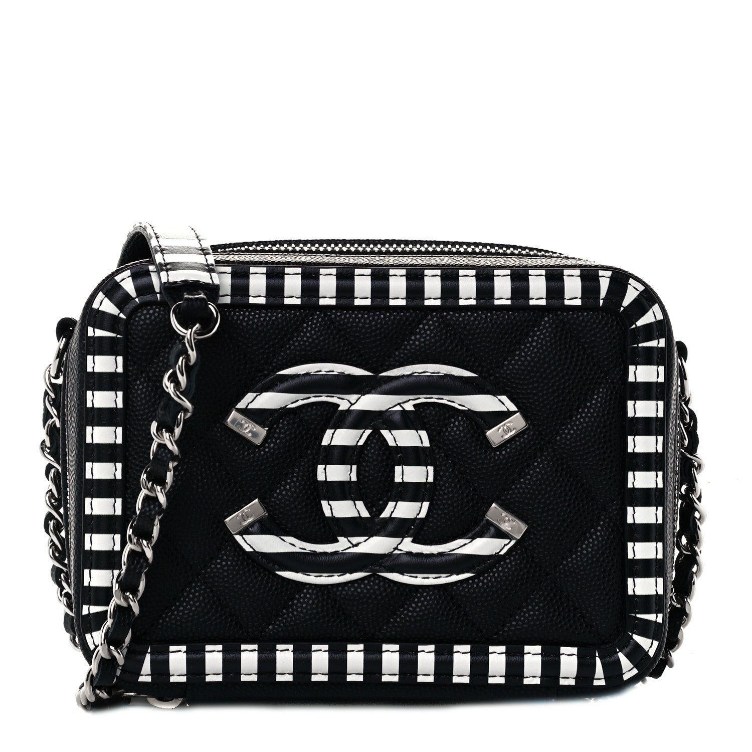 Chanel Caviar Quilted Striped Filigree Vanity Clutch With Chain Black White 1 of 10