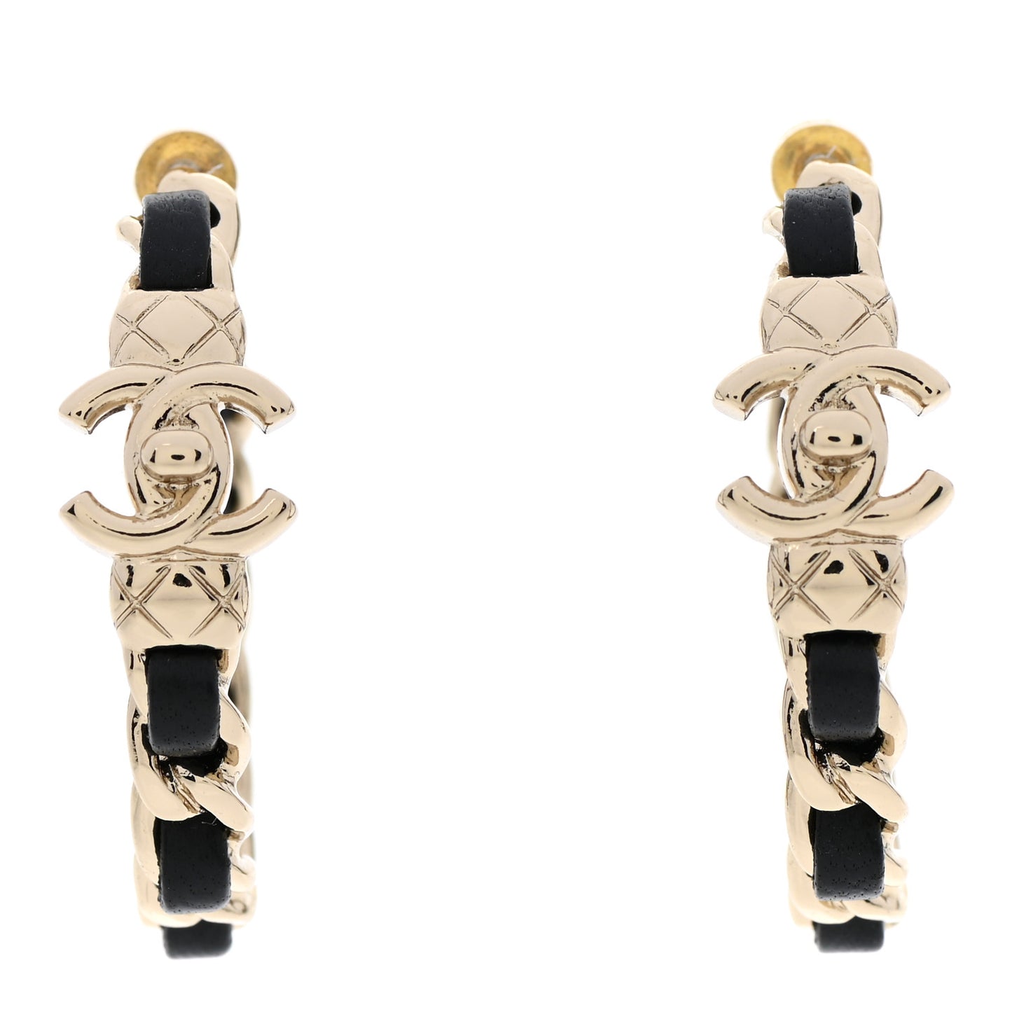 Metal Lambskin Quilted CC Turnlock Chain Hoop Earrings Gold Black