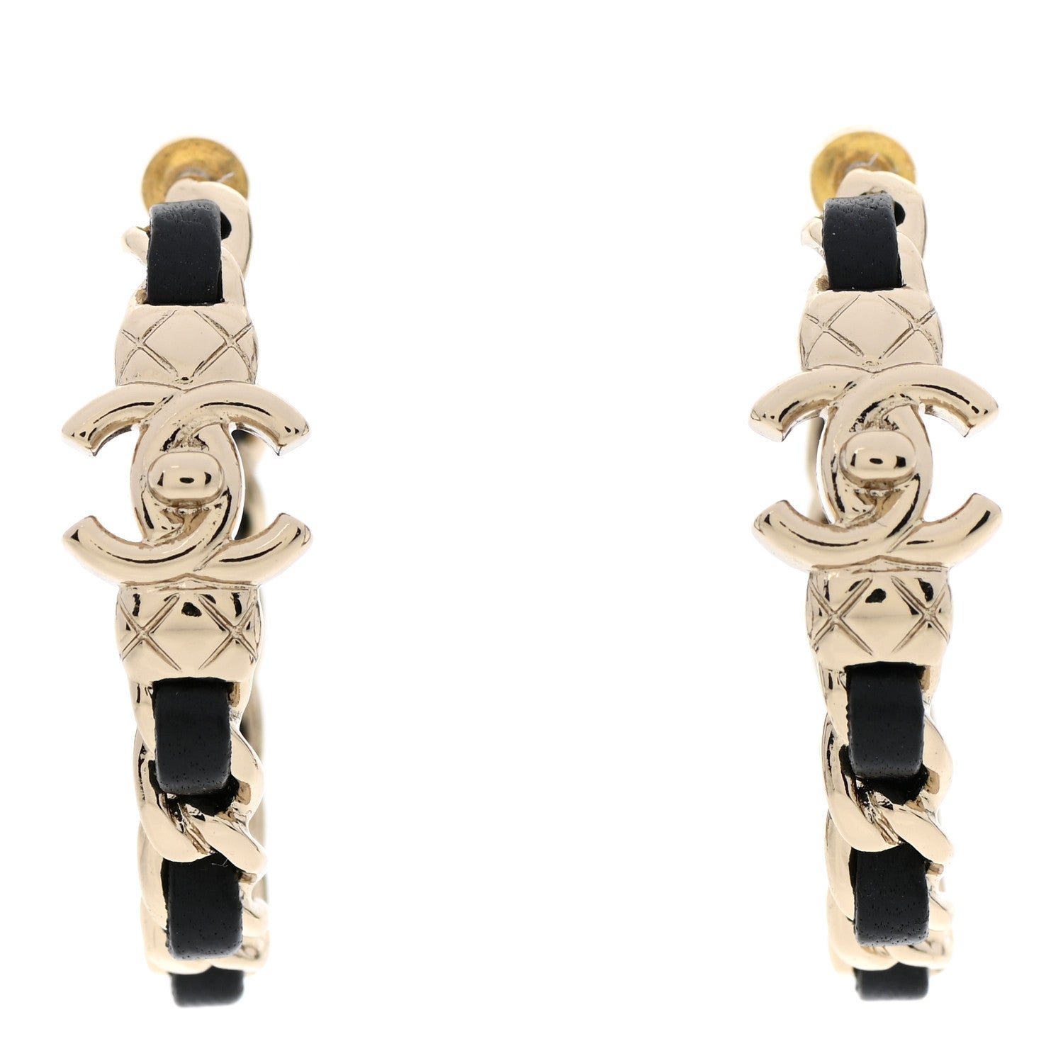 Chanel Metal Lambskin Quilted CC Turnlock Chain Hoop Earrings Gold Black 1 of 5