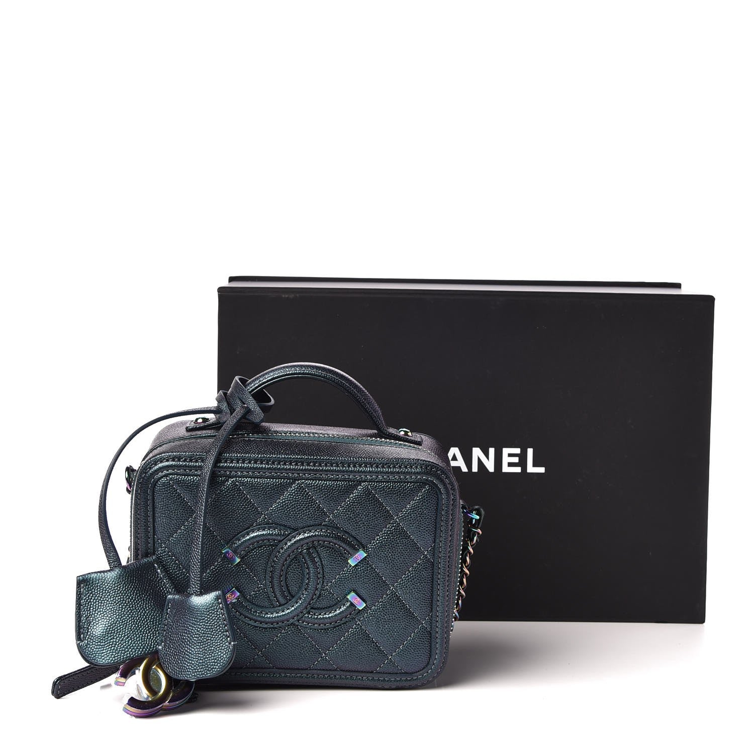 Chanel Iridescent Caviar Quilted Small CC Filigree Vanity Case Dark Turquoise 8 of 8