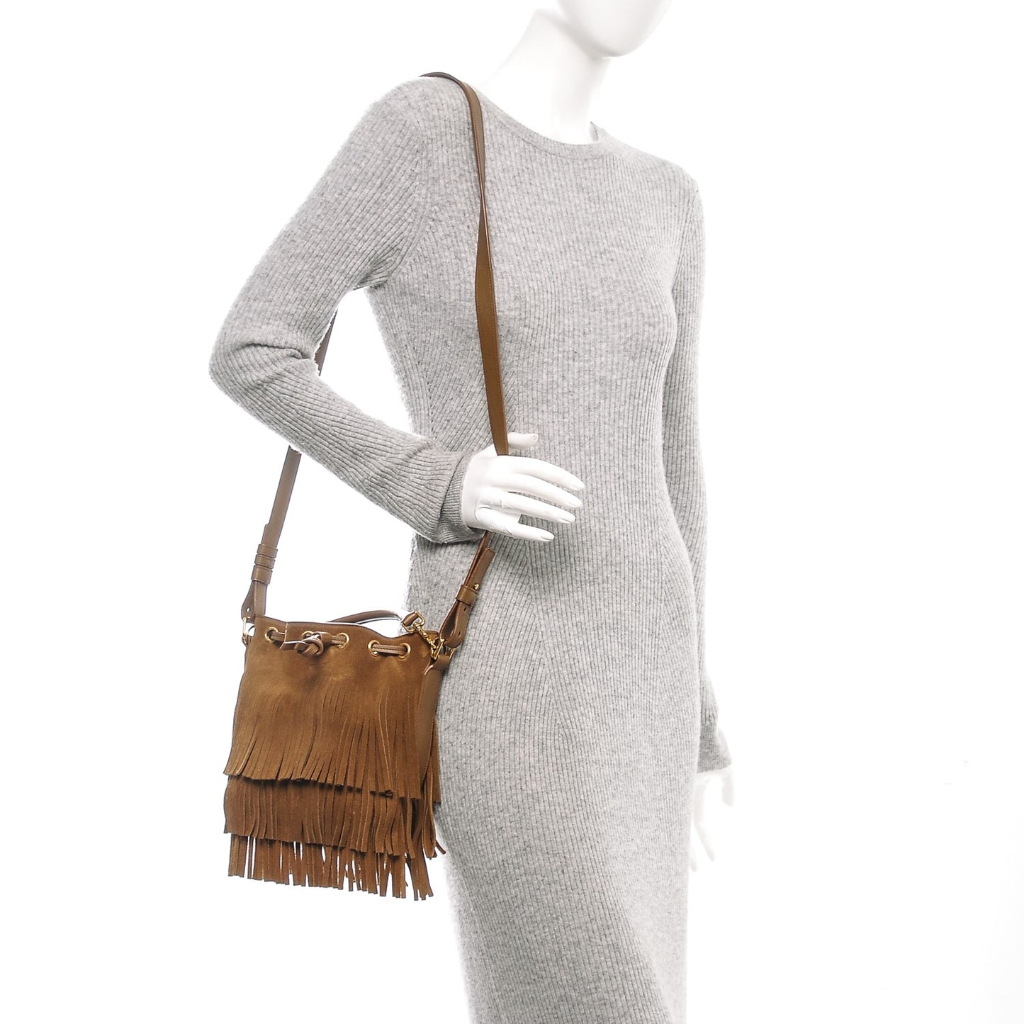 Suede Calfskin Small Emmanuelle Fringe Bucket Bag Light Ocre