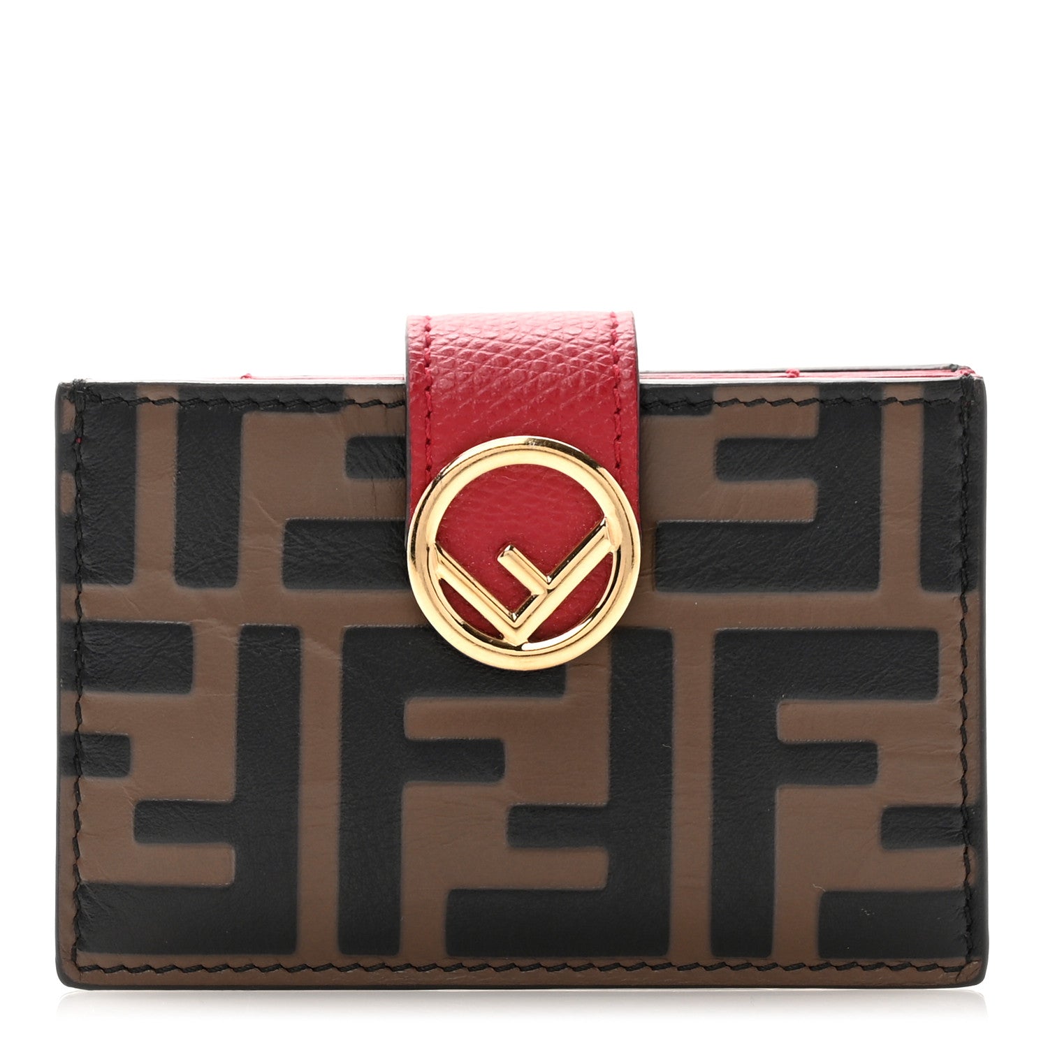 Fendi Vitello Cruise F is Fendi Bi-Color FF 1974 Embossed Gusseted Card Holder Maya Black Rosso 1 of 8