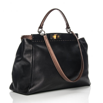 Fendi Vitello Saddle Cuoio Romano Selleria Large Peekaboo Iconic Satchel Black 3 of 8
