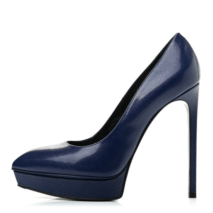 Saint Laurent Pebbled Patent Calfskin Janis 105 Platform Pumps 38.5 Blue 1 of 8
