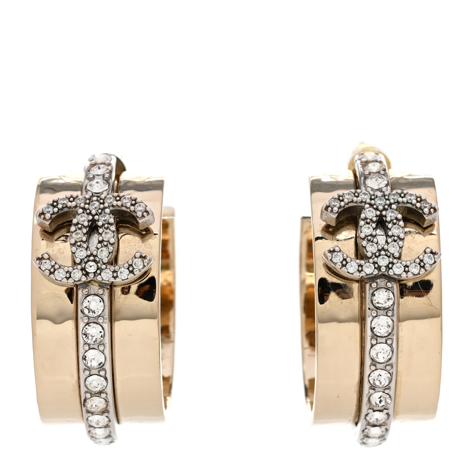 Chanel Metal Crystal CC Hoop Earrings Gold Silver 1 of 5