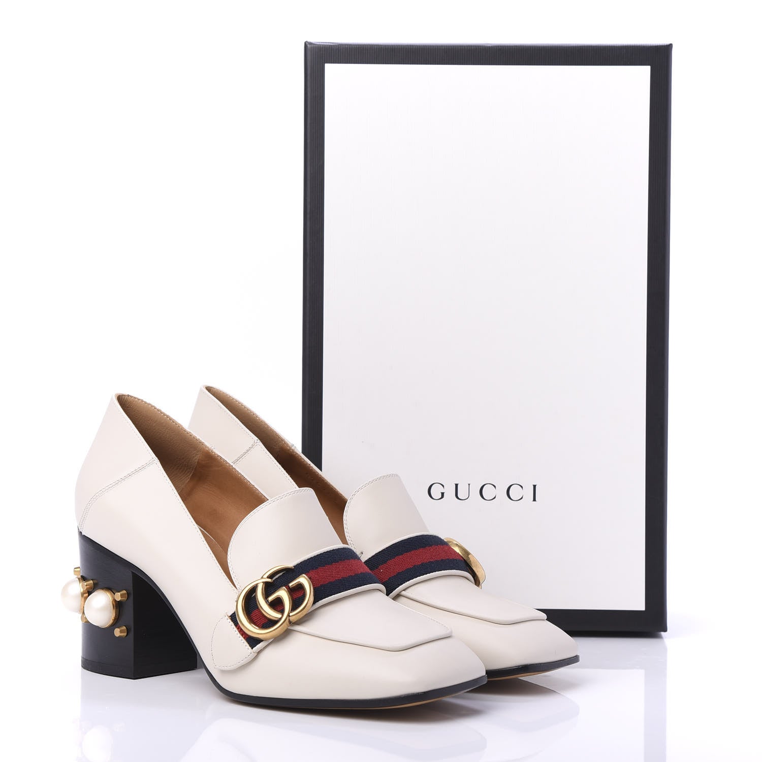 Gucci Betis Glamour Calfskin Web Pearl Embellished Peyton 75mm Loafer Pumps 38 Mystic White 9 of 9
