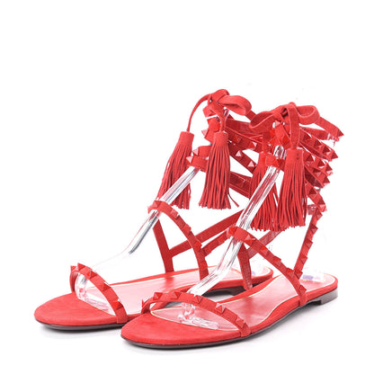 Valentino Garavani Suede Monochrome Rockstud Flair Ankle Wrap Flat Sandals 41 Red 3 of 6