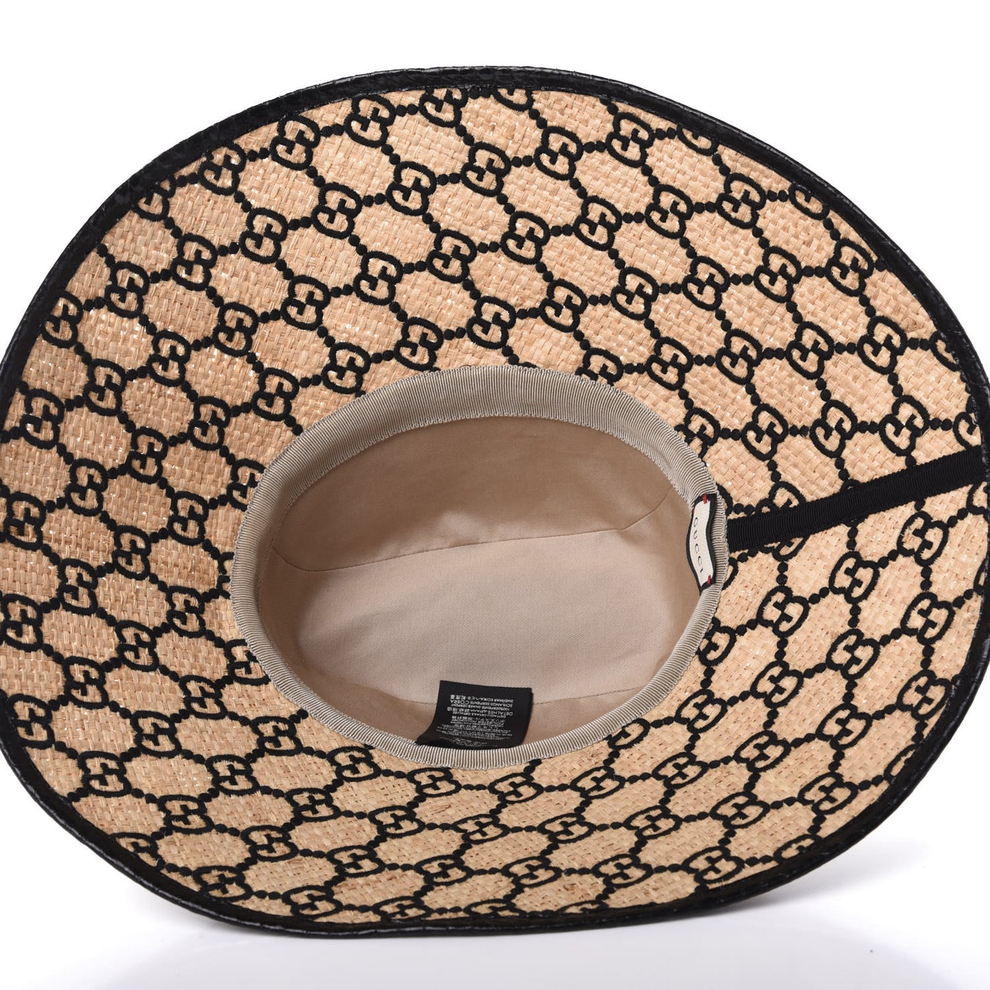 Raffia Elaphe GG Monogram Embroidered Wide Brim Hat Ivory Black