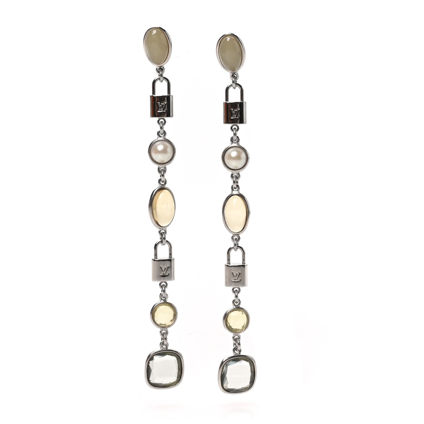 Metal Resin Pearl Lock Drop Earrings Silver