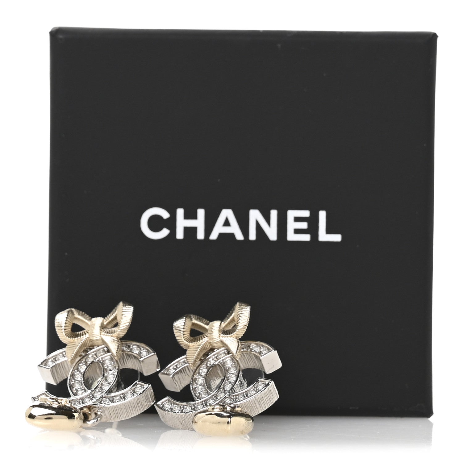 Chanel Crystal CC Bow Heart Pendant Earrings Silver Gold 5 of 5