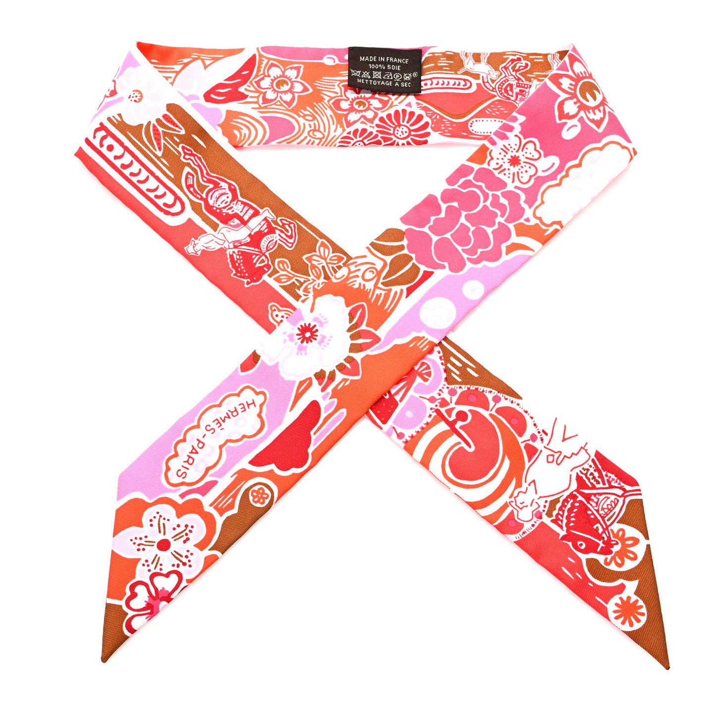 Silk Bingata Twilly Fuchsia Corail Brun
