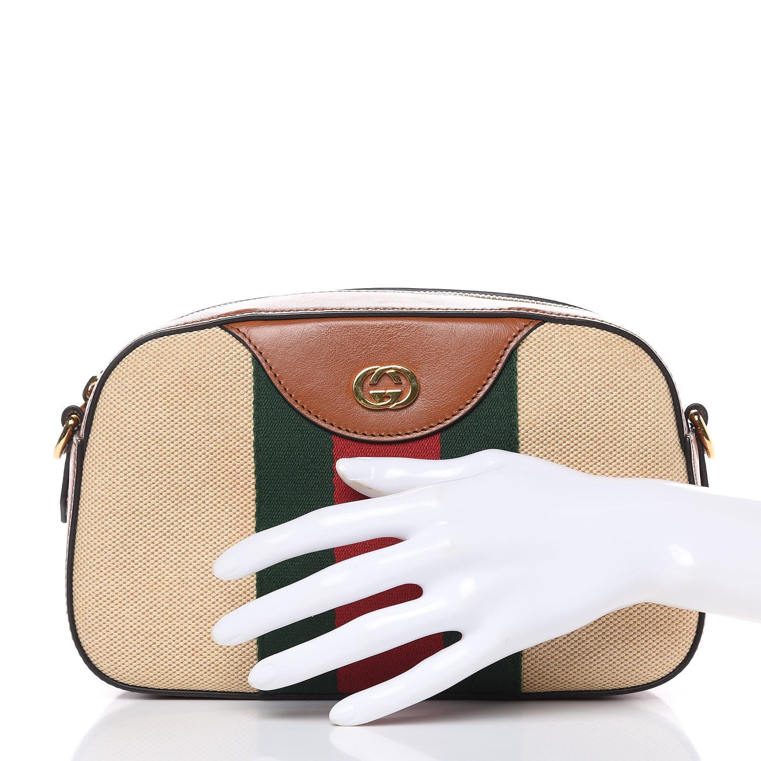 Gucci Vintage Canvas Web Shoulder Bag Sand Cuir 2 of 10