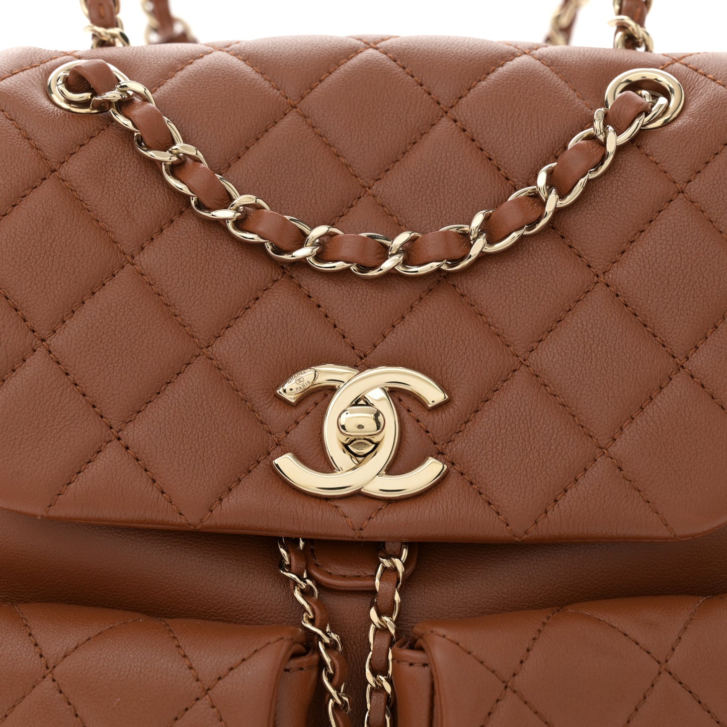 Calfskin Quilted Medium Duma Pockets Drawstring Backpack Brown