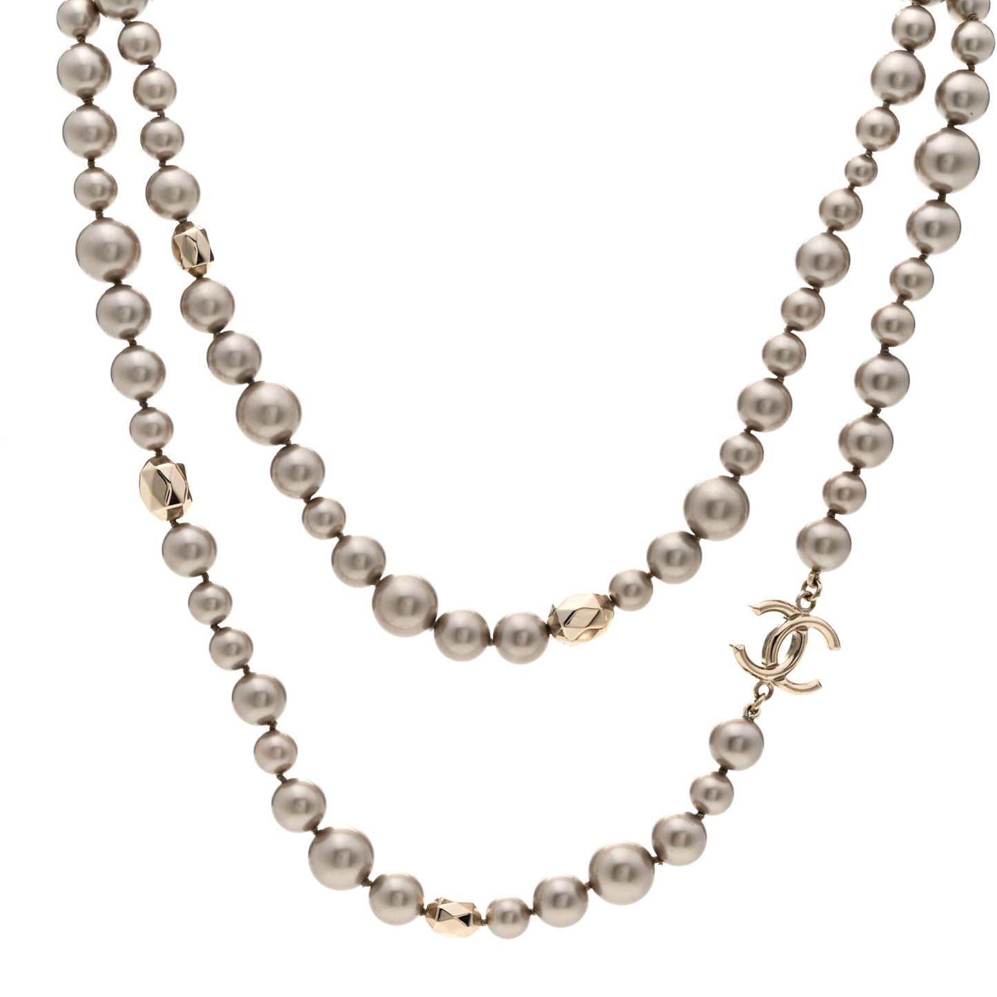 Resin Pearl Metal CC Long Necklace Golden Pearly Beige