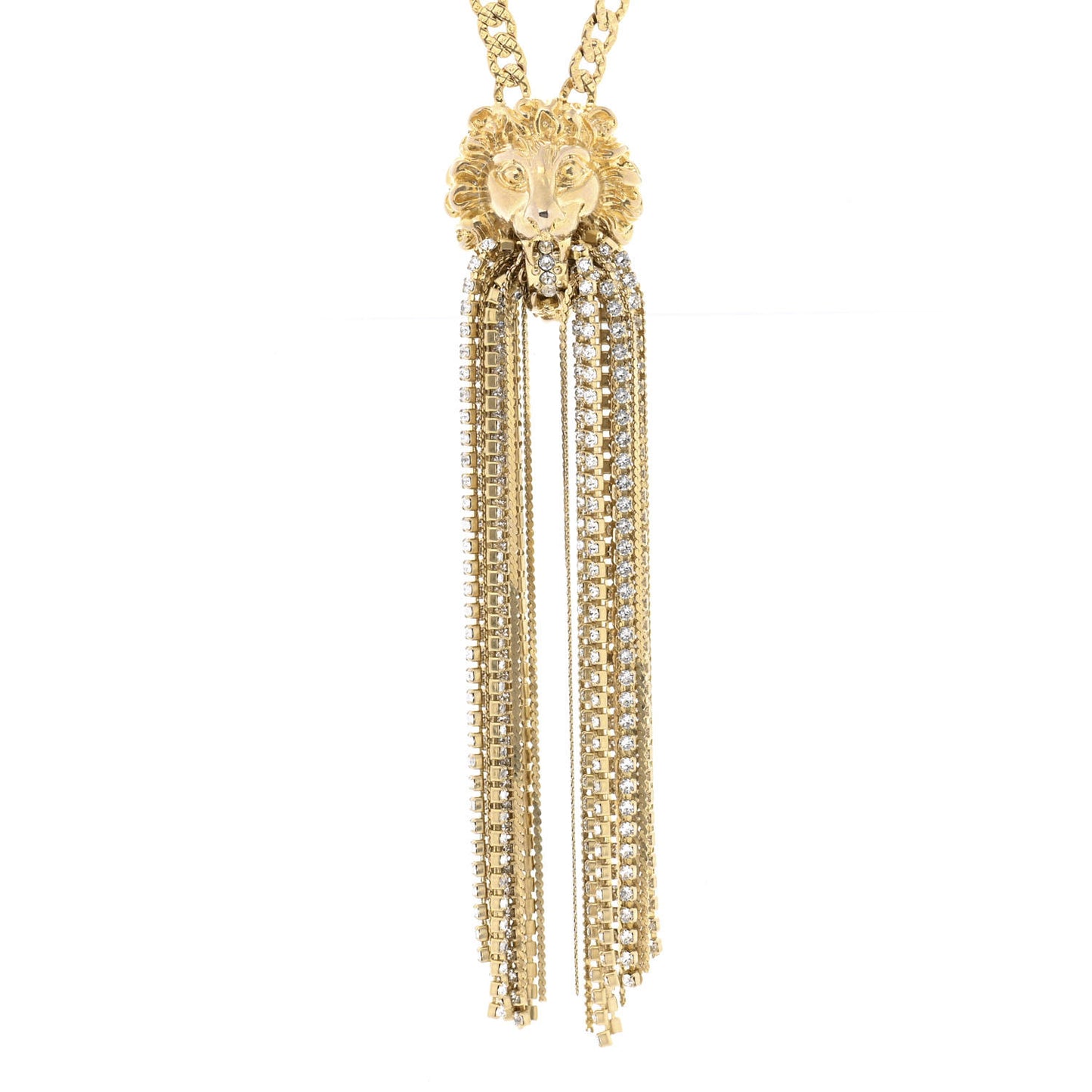 Metal Crystal Fringe Lion Head Necklace Gold