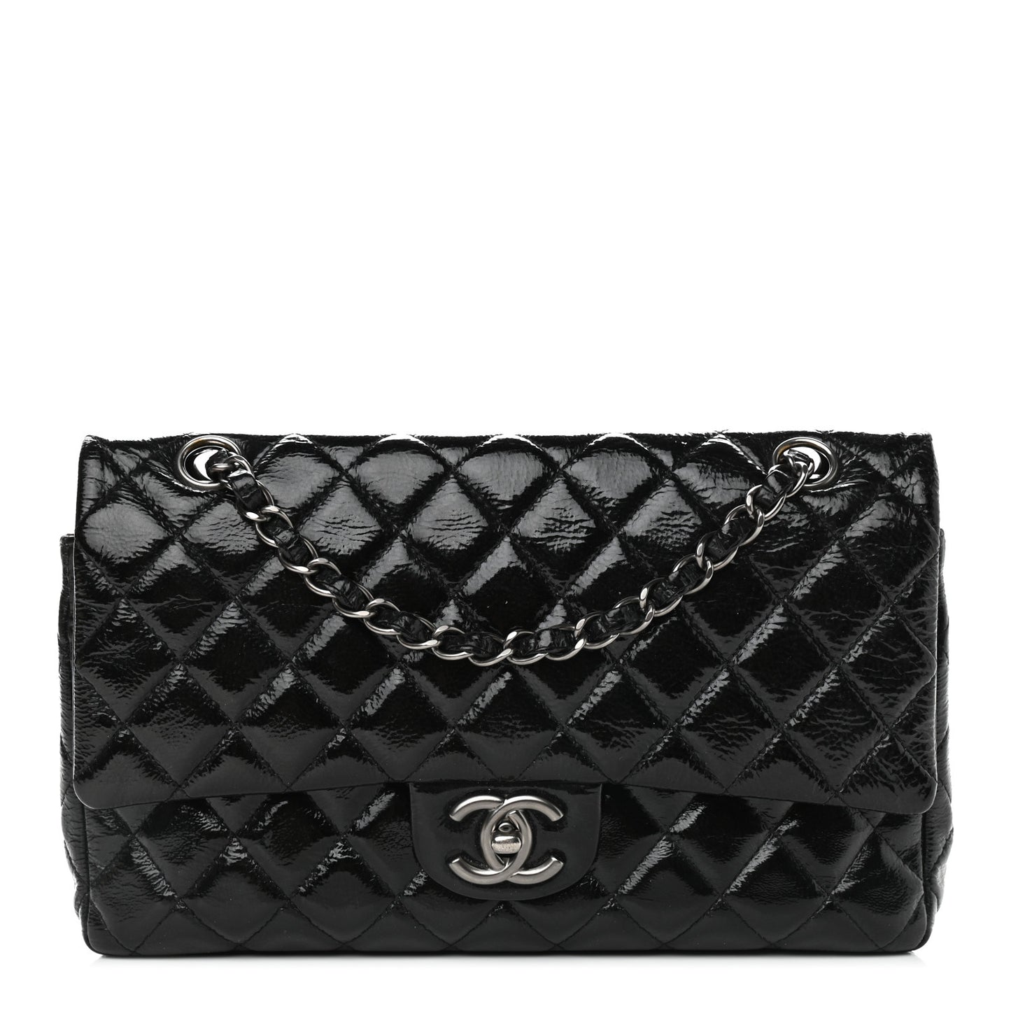 Distressed Patent Quilted Medium Double Flap Black