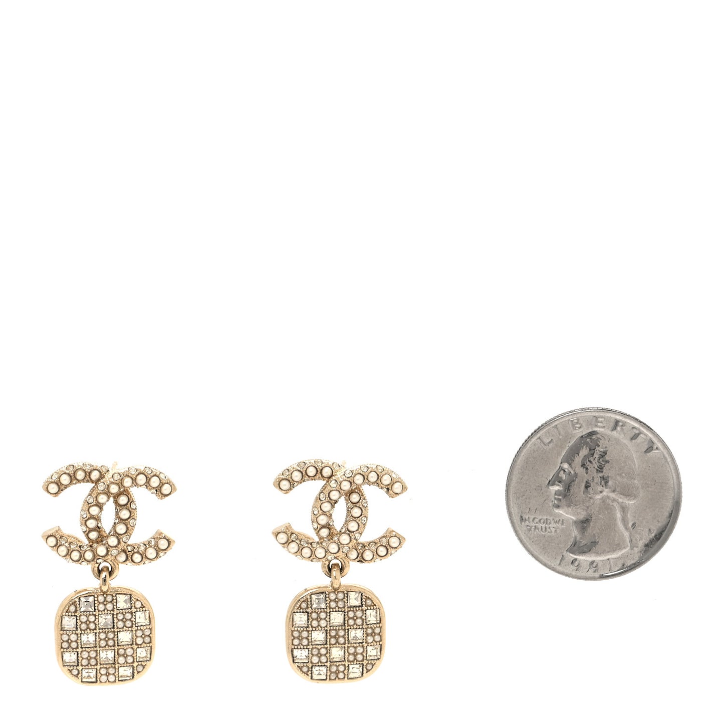 Pearl Baguette Crystal CC Drop Earrings Gold