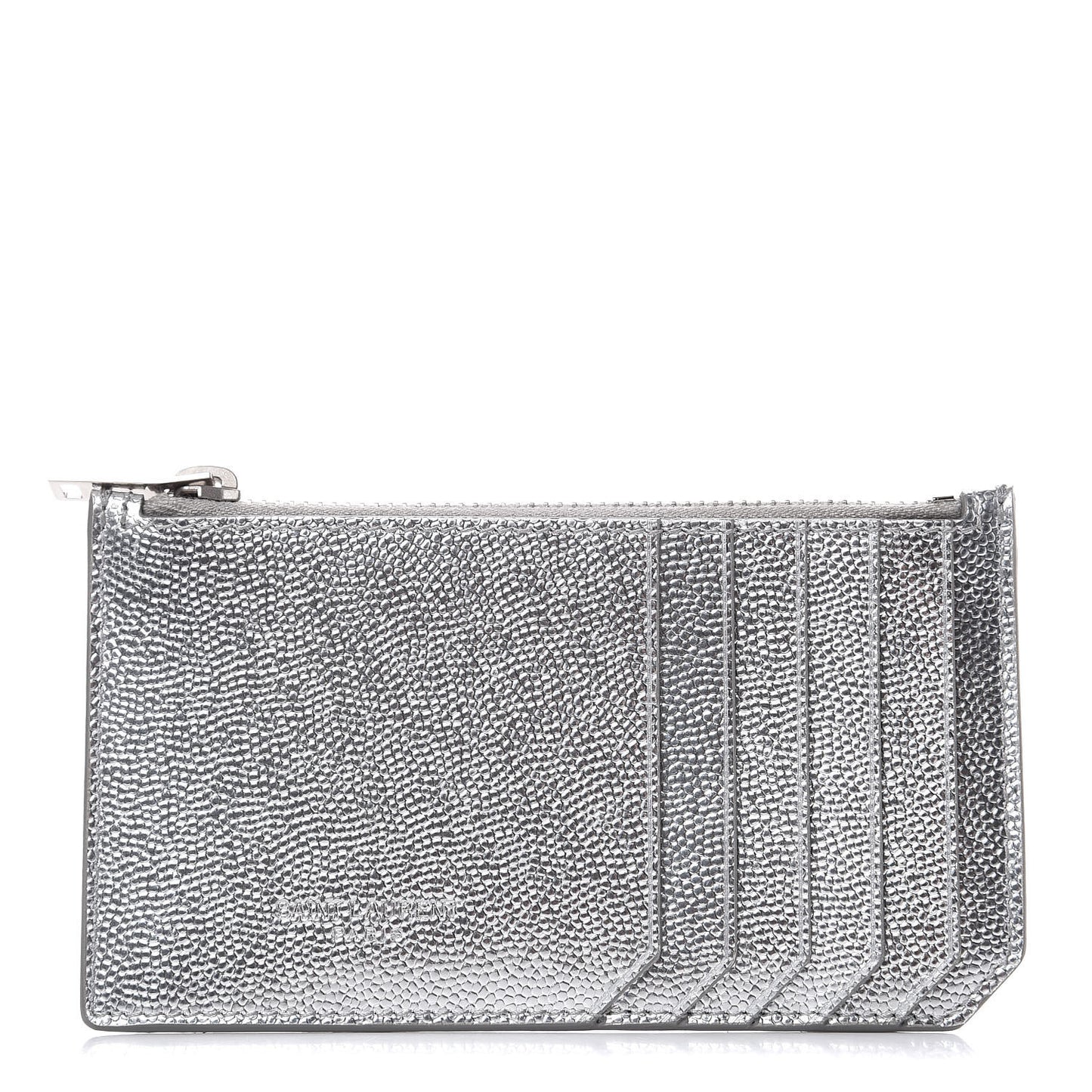 Grained Calfskin 5 Fragments Zip Pouch Card Holder Silver
