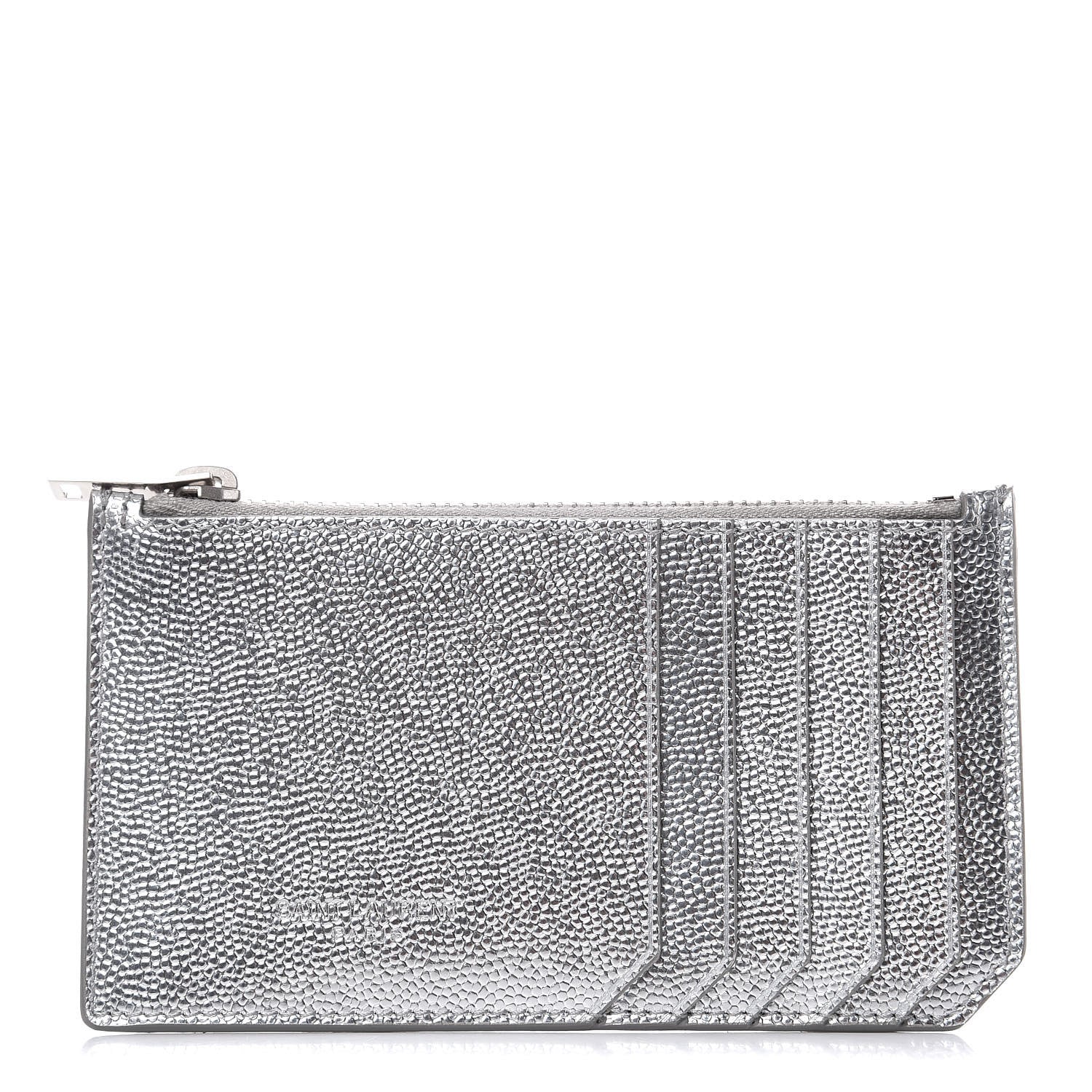 Saint Laurent Grained Calfskin 5 Fragments Zip Pouch Card Holder Silver 1 of 8