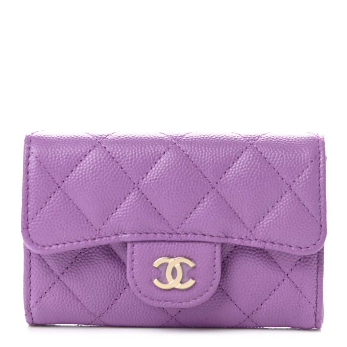 Caviar Quilted Flap Card Holder Wallet Purple
