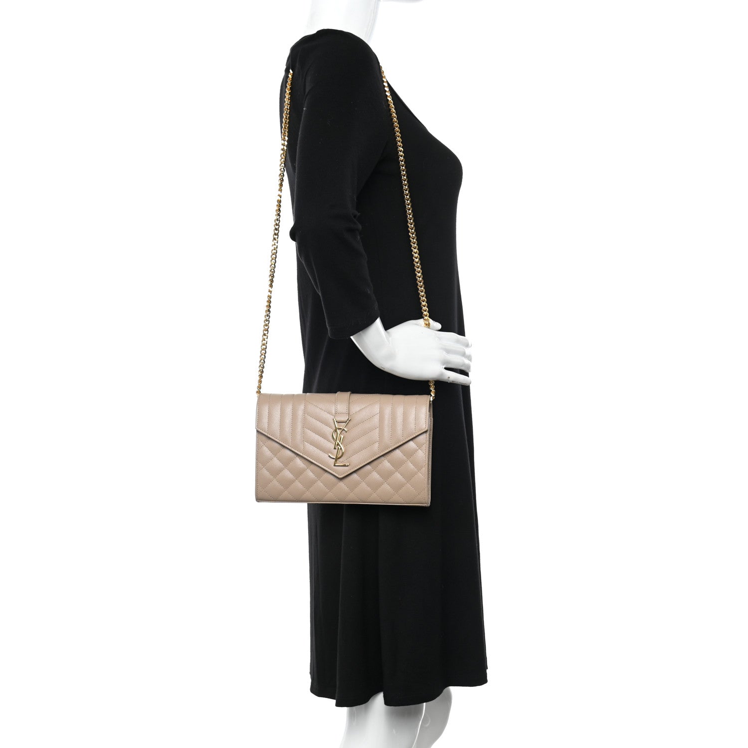 Saint Laurent Grain De Poudre Mixed Matelasse Triquilt Monogram Chain Wallet Dark Beige 2 of 9
