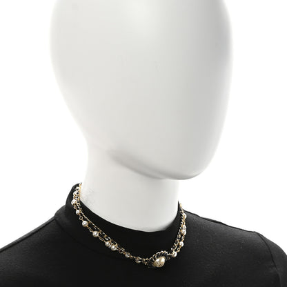 Chanel Lambskin Pearl Crystal CC Short Double Strand Necklace Gold White Black 2 of 7