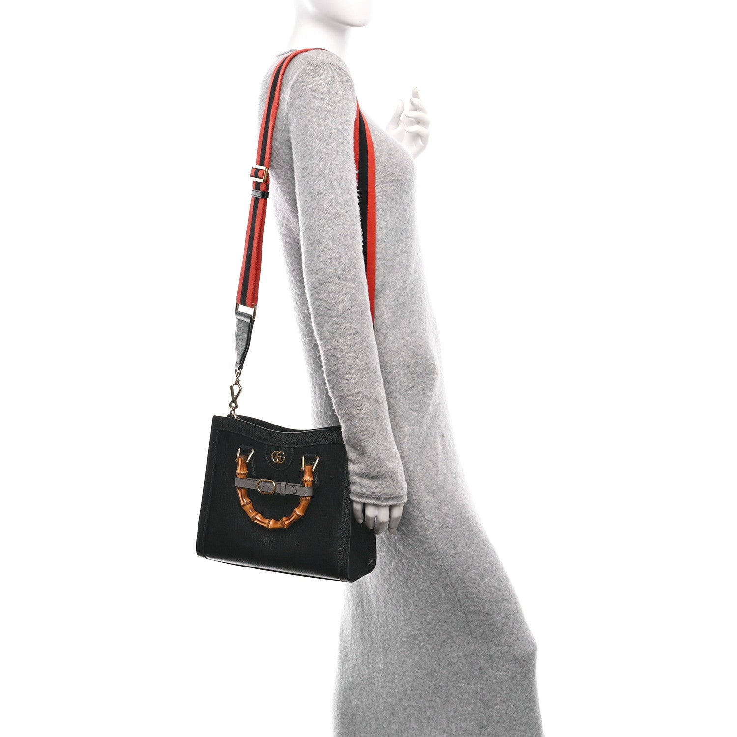 Gucci Textured Dollar Calfskin Web Small Diana Tote Bag Black Dusty Grey 2 of 11